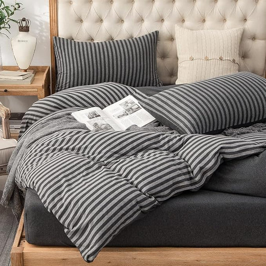 PURE ERA Jersey Knit Duvet Cover Set 100% T-Shirt Heather Cotton Super Soft Comfy Classic Striped Design, with Zipper Closure, Charcoal Dark Grey Stripe, Twin