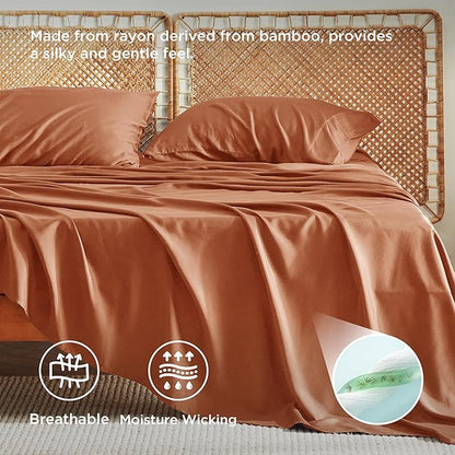 Bedsure King Size Sheets Set, Cooling Sheets for Hot Sleepers, Rayon Derived from Bamboo, PureWoven, Breathable & Soft, Deep Pocket Up to 16 Inches, Hotel Luxury Silky Bedding, Burnt Orange