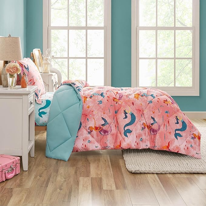 Twin Mermaid Bedding Sets for Girls, 2 Pieces Kids Twin Comforter Sets, Super Soft Lightweight for All Seasons, Includes 1 Comforter (66"x86") and 1 Pillowcase (20"x26"+2")