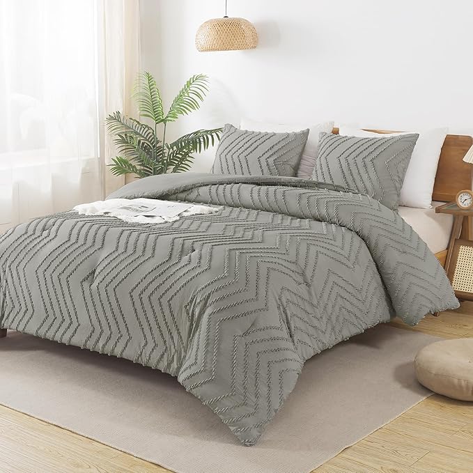Andency Medium Grey California King Comforter Set, Boho Cal King Soft Warm Tufted Bedding Comforter Sets, 3 Pieces Cali King Aesthetic Chevron Farmhouse Cute Bohemian Textured Bedding Set