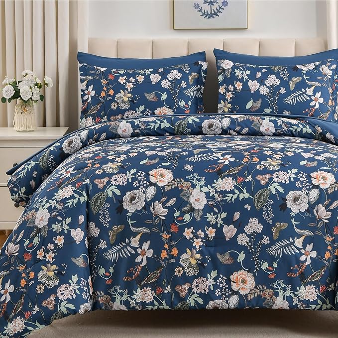 7 Piece Queen Comforter Set, Peacock Blue Butterfly Floral Comforter Set with Flowers Leaves Pattern, Soft Microfiber Complete Bedding Set for All Season(Peacock Blue, Queen)