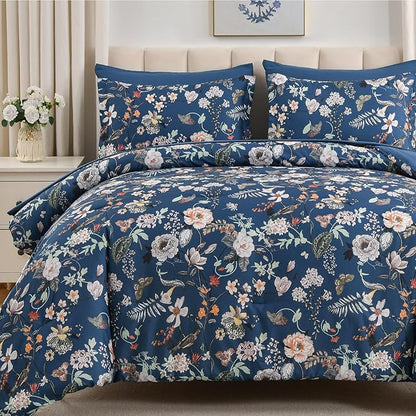7 Piece Queen Comforter Set, Peacock Blue Butterfly Floral Comforter Set with Flowers Leaves Pattern, Soft Microfiber Complete Bedding Set for All Season(Peacock Blue, Queen)