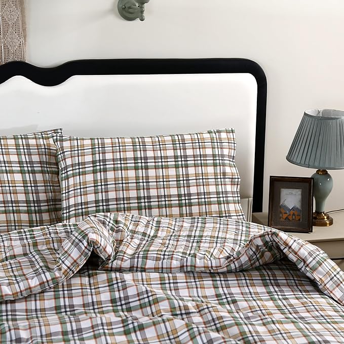 SDIII 3PCS Green Gingham Comforter Set Twin 100% Washed Microfiber Lightweight Green Gingham Bedding Twin Soft Farmhouse Shabby Chic Checkered