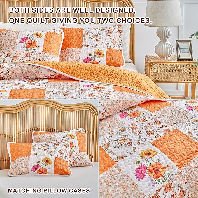 Joyreap 2 Pieces Floral Patchwork Quilt Set Twin, Orange n White Flowers Design, Smooth Soft Microfiber Quilt, Bedspread Bed Cover for All Season- 68x86 inches