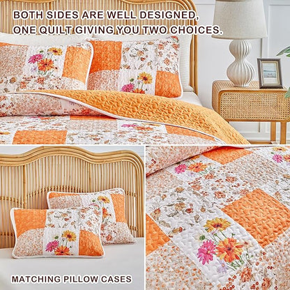 Joyreap 3 Pieces Floral Patchwork Quilt Set Queen, Orange n White Flowers Design, Smooth Soft Microfiber Quilt, Bedspread Bed Cover for All Season- 90x90 inches