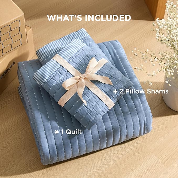 Bedsure Blue Quilts King Size - King Quilt Bedding Set Bedspread Coverlet, Lightweight Corduroy Pattern Bedspread, 3-Piece Set with 106"x96" Coverlet & 2 Pillow Shams, All-Season Soft Microfiber