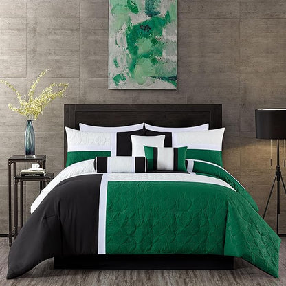 Chezmoi Collection Upland 7-Piece Quilted Patchwork Comforter Set, Green/Black/Cream White, Queen
