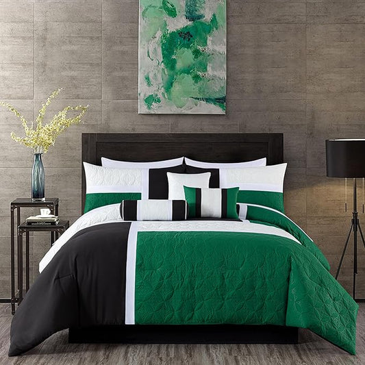 Chezmoi Collection Upland 7-Piece Quilted Patchwork Comforter Set, Green/Black/Cream White, Full
