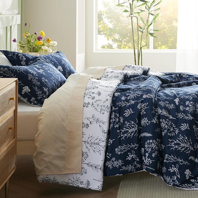 Bedsure Duvet Cover Full Size - Reversible Navy Blue Full Duvet Cover Set with Zipper Closure, 3 Pieces Cute Floral Botanical Bedding Set with 8 Corner Ties and 2 Pillow Shams