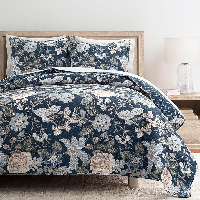 Lush Decor Sydney Reversible Cotton Quilt Set, 3 Piece Set, Full/Queen, Navy & Multi - Cotton Bedding Set - Navy Floral Quilt - Cottage Decor - Bedding Queen Size