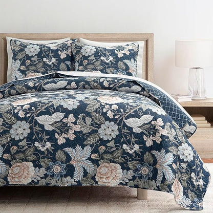 Lush Decor Sydney Reversible Cotton Quilt Set, 3 Piece Set, Full/Queen, Navy & Multi - Cotton Bedding Set - Navy Floral Quilt - Cottage Decor - Bedding Queen Size