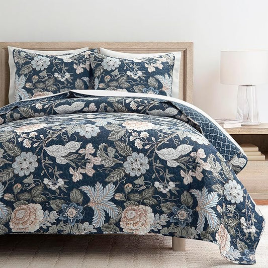 Lush Decor Sydney Reversible Cotton Quilt Set, 3 Piece Set, Full/Queen, Navy & Multi - Cotton Bedding Set - Navy Floral Quilt - Cottage Decor - Bedding Queen Size