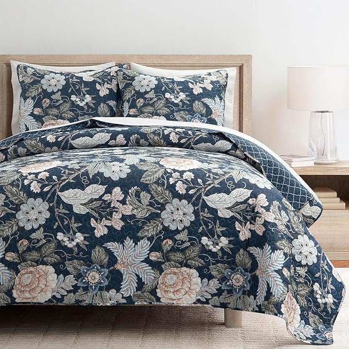 Lush Decor Sydney Reversible Cotton Quilt Set, 3 Piece Set, King, Navy & Multi - Cotton Bedding Set - Navy Floral Quilt - Cottage Decor - Bedding King Size