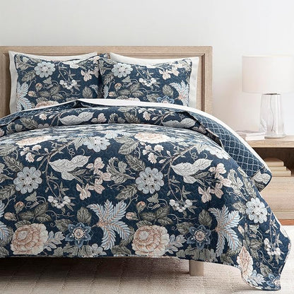 Lush Decor Sydney Reversible Cotton Quilt Set, 3 Piece Set, King, Navy & Multi - Cotton Bedding Set - Navy Floral Quilt - Cottage Decor - Bedding King Size