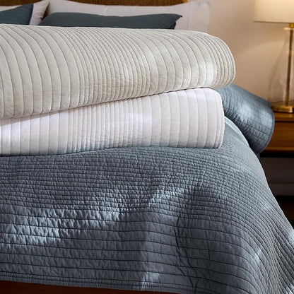 palassio Striped Blue Grey 100% Cotton Quilt Queen Size Bedding Sets, Lightweight Crinkly Channel Pick Stitch Textured Bedspread Soft Shabby Chic Farmhouse Country Coverlet for All Season, 2 Shams