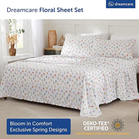 DREAMCARE Queen Size Sheets - Cooling Bed Sheets - 4pcs Set - Queen Sheet Set - Sheets Queen Size Bed - Queen Size Sheet Sets - Soft & Long Lasting 100% Fine Brushed Floral Sheets - Multi Floral