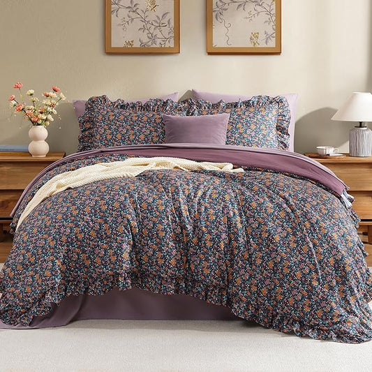 Queen Comforter Set - 7 Pieces Ruffle Purple Ditzy Bedding Sets, Shabby Chic Farmhouse Bed in a Bag with Ruffle Comforter, Sheets, Pillowcases & Shams