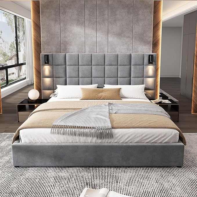 Merax Upholstered King Bed, with Reading Lamp and USB Port, Wide Velvet Headboard, (Without Bedside Tables and Mattress), Grey