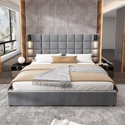 Merax Upholstered King Bed, with Reading Lamp and USB Port, Wide Velvet Headboard, (Without Bedside Tables and Mattress), Grey
