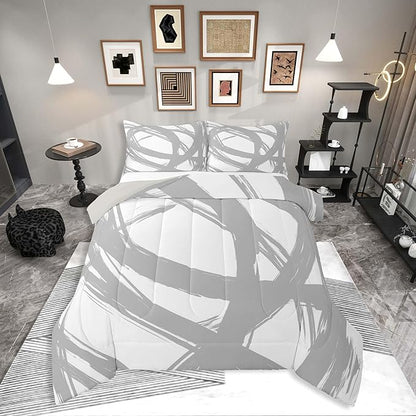 Erosebridal Gray and White Abstarct Queen Comforter Set for Adult Women Men, Geometric Striped Bedding Set for Minimalists,Graffiti Aesthetic Lines Quilt,Contemporary Boho Modern Art Duvet Insert