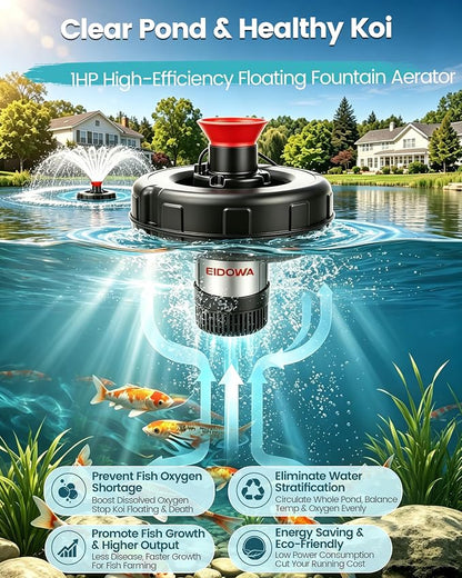 Floating Pond Fountain Aerator, 1HP, 110V, 15000GPH, Black | 304 Stainless Steel, Smart Programmable Timer, Anti-Tipping Base, 100 FT Power Cord Floating Pond & Lake Fountain Aerator