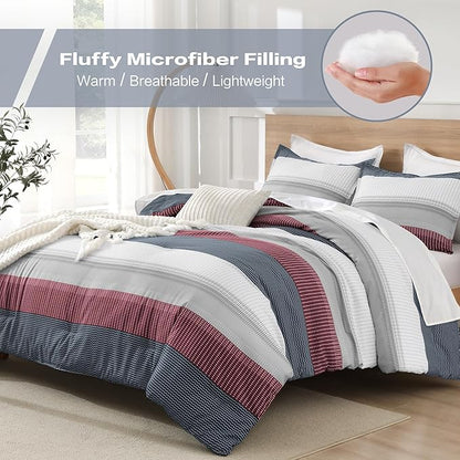 Litanika Comforter Set Queen Size Red Blue - 3 Pieces Lightweight Colorblock Stripe Fluffy Bedding Comforter Sets, All Season Bed Set