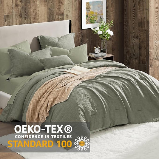 Geniospin Full Comforter Set - 7 Pieces Comforter Full Size, Solid Bedding Sets for All Season, Textured Bed in a Bag with Sheets, Pillowcases and Shams (Sage Green, 80''x90'')