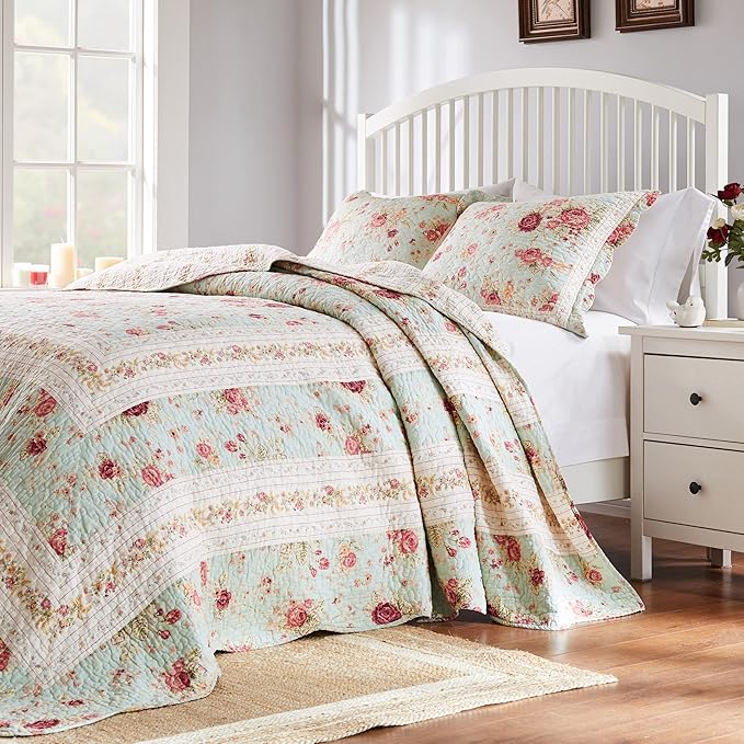 Greenland Home Antique Rose Jumbo Oversized 100% Cotton Bedding Set, Bedspread 120 W x 118 L with 2 Shams 20 W x 26 L Each, King (3 Piece), Blue