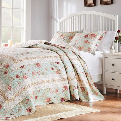 Greenland Home Antique Rose Jumbo Oversized 100% Cotton Bedding Set, Bedspread 120 W x 118 L with 2 Shams 20 W x 26 L Each, King (3 Piece), Blue