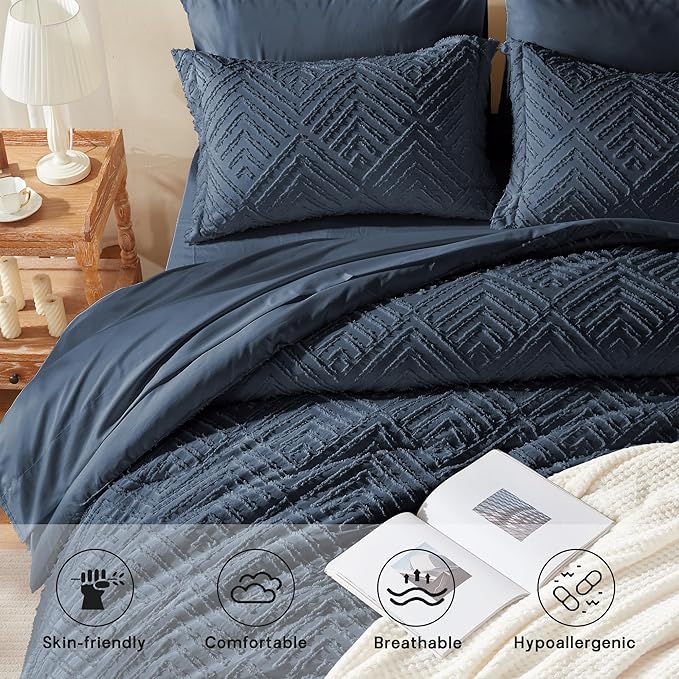 Zzlpp Queen Comforter Set 7 Pieces, Navy Blue Tufted Bed in a Bag with Comforter and Sheets,All Season Boho Bedding Sets with Comforter, 2 Pillow Shams, 2 Pillowcases, 1 Flat Sheet, 1 Fitted Sheet