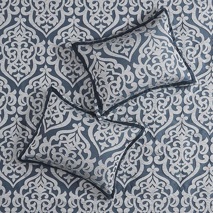 Madison Park Odette Cozy Comforter Set Jacquard Damask Medallion Design - Modern All Season, Down Alternative Bedding, Shams, Decorative Pillows, Cal King(104 in x 92 in), Navy 8 Piece