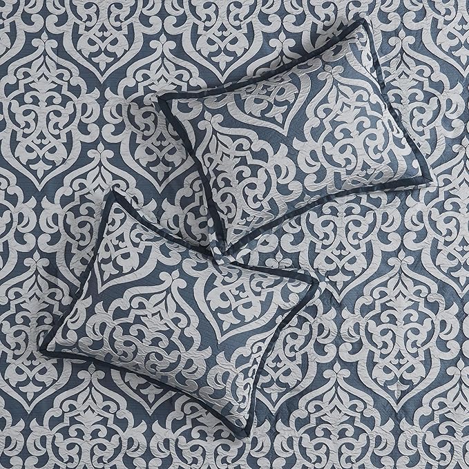 Madison Park Odette Cozy Comforter Set Jacquard Damask Medallion Design - Modern All Season, Down Alternative Bedding, Shams, Decorative Pillows, King(104 in x 92 in), Navy 8 Piece