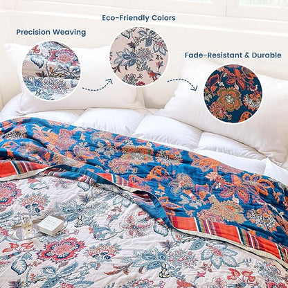 MSGKV Boho Throw Blanket 90"x90" 100% Cotton Floral Blanket for Bed Spring Breathable Lightweight Queen Blankets All Seasons Home Decor Muslin