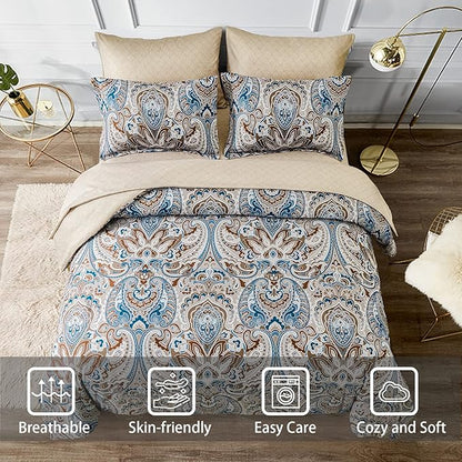 Drucon Brown Paisley Comforter Set Full, 7 Pieces Bed in a Bag Brown Paisley Pattern Comforter Soft Microfiber Bedding Set Full Size with Sheet and Pillowcases for Men Women