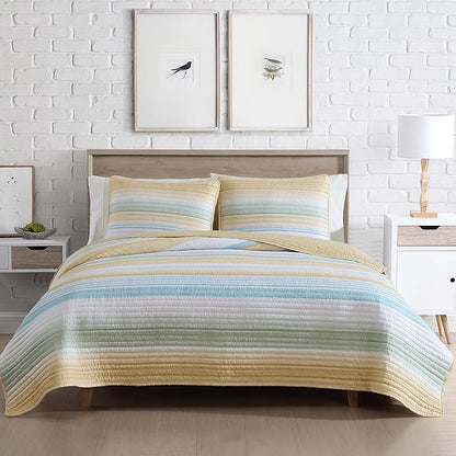 Beatrice Home Fashions Coralinn Striped 3-Piece Quilt Set, Lightweight, All-Seasons, King, Yellow Sage