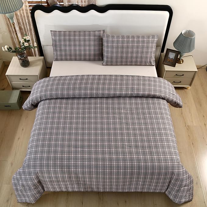 SDIII 3PCS Brown Gingham Comforter Set Full 100% Washed Microfiber Lightweight Gingham Bedding Full Farmhouse Shabby Chic Checkered Bedding Brown