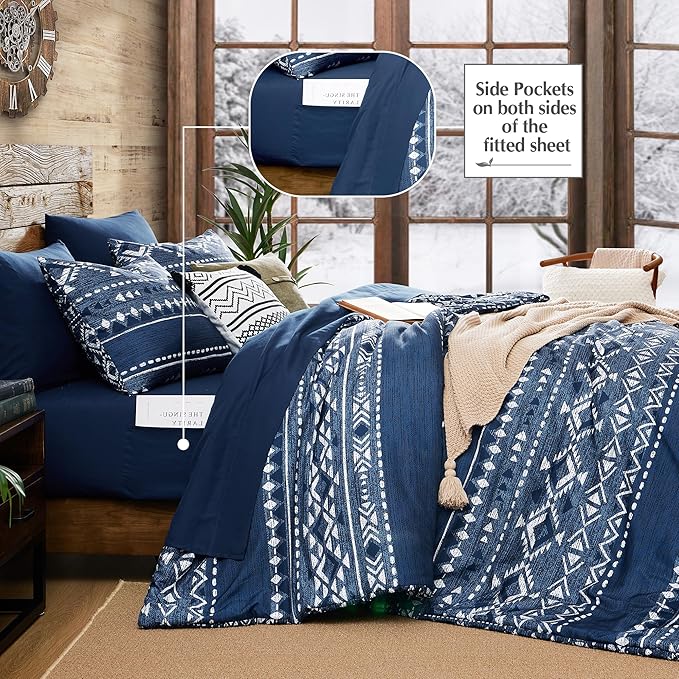 Geniospin Full Comforter Set - 7 Pieces Comforters Full Size, Fluffy Boho Bedding Sets for All Seasons, Bed in a Bag with Flat Sheet and Fitted Sheet, Pillowcase & Sham (Blue, 80''x90'')