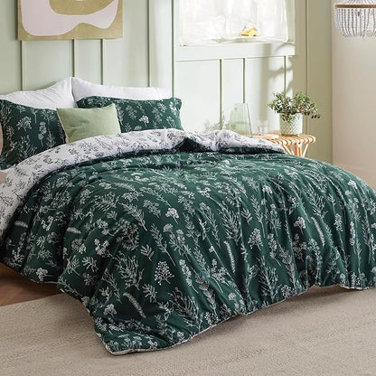 Bedsure Duvet Cover King Size - Reversible Emerald Green King Duvet Cover Set with Zipper Closure, 3 Pieces Floral Patterned Bedding Set with 8 Corner Ties and 2 Pillow Shams