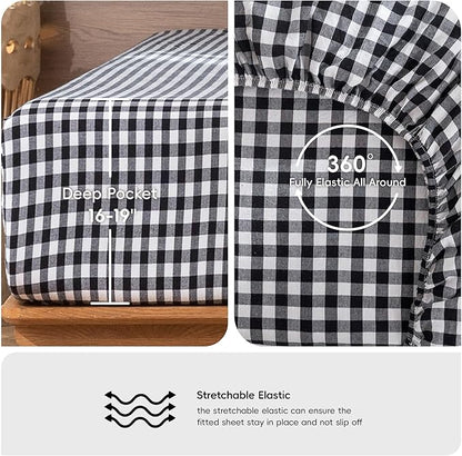 MooMee Gingham Sheet Set 100% Washed Cotton Linen Like Textured Breathable Soft w/ Fully Elasticized 16-19" Deep Pocket (Classic Gingham Black White, King)