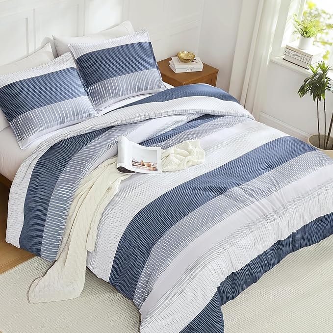 Litanika Mineral Blue Comforter Set Super King - 3 Pieces Lightweight Mineral Blue White Colorblock Stripe Fluffy Bedding Comforter Sets, All Season Bed Set