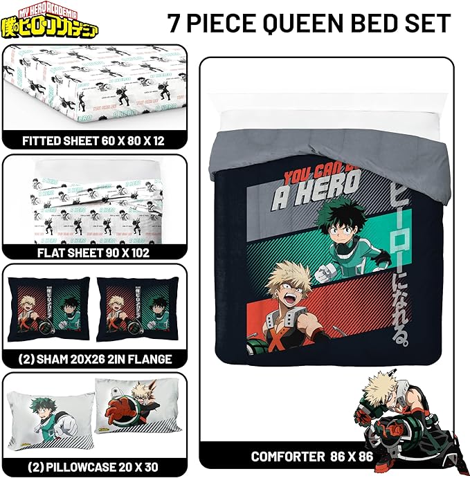 Jay Franco Kids Comforter Set Includes Sheets and Pillow Covers - Soft and Cozy Bed Set for Stylish Room Decor, Black - My Hero Academia, 7 Piece Queen Size Bedding