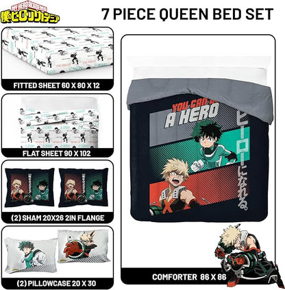 Jay Franco Kids Comforter Set Includes Sheets and Pillow Covers - Soft and Cozy Bed Set for Stylish Room Decor, Black - My Hero Academia, 7 Piece Queen Size Bedding