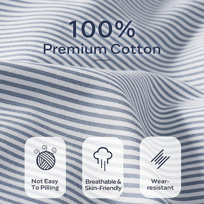 JELLYMONI 100% Natural Cotton 3pcs Striped Duvet Cover Sets,Blue Duvet Cover with Thin White Stripes Pattern Printed Comforter Cover,with Zipper Closure & Corner Ties(Twin Size)