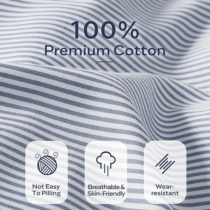 JELLYMONI 100% Natural Cotton 3pcs Striped Duvet Cover Sets,Blue Duvet Cover with Thin White Stripes Pattern Printed Comforter Cover,with Zipper Closure & Corner Ties(Queen Size)