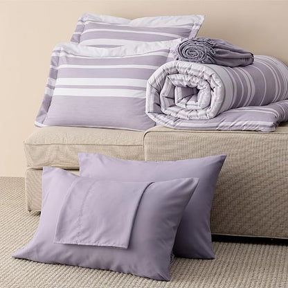 Bedsure Queen Comforter Set 7 Pieces, Purple Striped Bedding Set for All Seasons, Reversible, Cationic Dyeing Bed in a Bag with Comforter, Sheets, Pillowcases & Shams