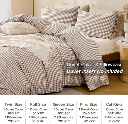 TOCOMOA Tan Gingham Duvet Cover Bedding Set 100% Washed Cotton Like Linen Feel Super Soft Comfy 2 Piece Brown Vintage Plaid Checkered Fall Comforter Cover Set (Twin 68"x90", Comforter Not Included)