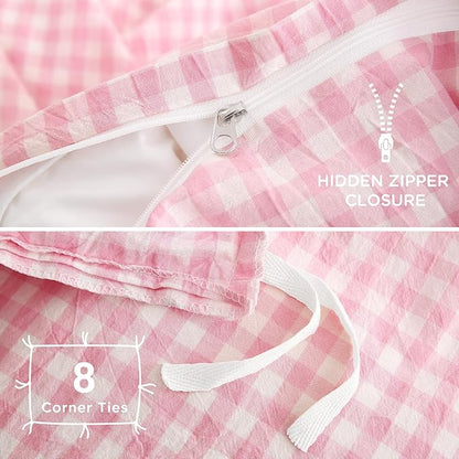 TOCOMOA Pink Gingham Duvet Cover Bedding Set 100% Washed Cotton Like Linen Feel Super Soft Comfortable 3 Piece Cute Plaid Checkered Comforter Cover Set (Full 80"x90", Comforter Not Included)