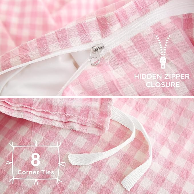 TOCOMOA Pink Gingham Duvet Cover Bedding Set 100% Washed Cotton Like Linen Feel Super Soft Comfortable 2 Piece Cute Plaid Checkered Comforter Cover Set (Twin 68"x90", Comforter Not Included)