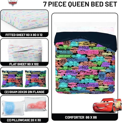 Jay Franco Kids Comforter Set Includes Sheets and Pillow Covers - Soft and Cozy Bed Set for Stylish Room Decor, Black - Cars, 7 Piece Queen Bedding