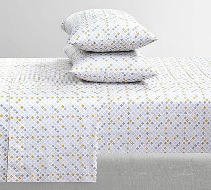 Feather & Stitch Softest 100% Cotton Sheets, 300 Thread Count Percale Weave Bedding, 16" Deep Pocket, Cooling Sheets, Breathable Bed Set, Hotel Premium Quality (Queen, Yellow Diamond)